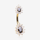 Golden Glistening Teardrop Floral Sparkle Belly Button Ring-Clear Gem/Black