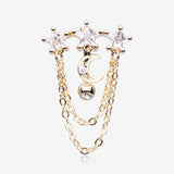 Golden Celestial Stars and Moon Sparkle Chained Top Down Reverse Belly Button Ring