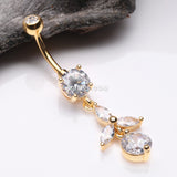 Detail View 2 of Golden Tri-Marquise Floral Leaf Sparkles Belly Button Ring-Clear Gem
