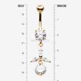 Detail View 1 of Golden Tri-Marquise Floral Leaf Sparkles Belly Button Ring-Clear Gem