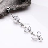 Detail View 2 of Shimmering Sparkle Leaflet Floral Cascading Belly Button Ring-Clear Gem