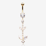 Golden Shimmering Sparkle Leaflet Floral Cascading Belly Button Ring-Clear Gem