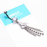 Detail View 3 of Tri-Marquise Floral Leaf Sparkles Chain Drop Belly Button Ring-Clear Gem
