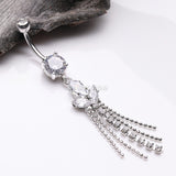Detail View 2 of Tri-Marquise Floral Leaf Sparkles Chain Drop Belly Button Ring-Clear Gem