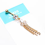 Detail View 3 of Golden Tri-Marquise Floral Leaf Sparkles Chain Drop Belly Button Ring-Clear Gem