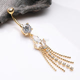 Detail View 2 of Golden Tri-Marquise Floral Leaf Sparkles Chain Drop Belly Button Ring-Clear Gem