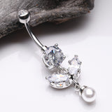 Detail View 2 of Marquise Sparkle Leaflet Gem Pearlescent Dangle Belly Button Ring-Clear Gem