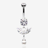 Marquise Sparkle Leaflet Gem Pearlescent Dangle Belly Button Ring-Clear Gem