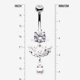 Detail View 1 of Marquise Sparkle Leaflet Gem Pearlescent Dangle Belly Button Ring-Clear Gem