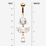 Detail View 1 of Golden Marquise Sparkle Leaflet Gem Pearlescent Dangle Belly Button Ring-Clear Gem