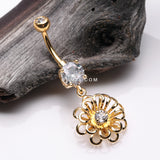 Detail View 2 of Golden Breeze Sparkle Flower Belly Button Ring-Clear Gem