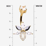 Detail View 1 of Golden Marquise Brilliance Leaflet Flower Sparkle Belly Button Ring-Clear Gem/Black