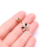 Detail View 3 of Golden Marquise Brilliance Leaflet Flower Sparkle Belly Button Ring-Clear Gem/Black