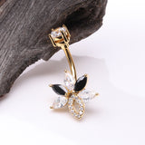 Detail View 2 of Golden Marquise Brilliance Leaflet Flower Sparkle Belly Button Ring-Clear Gem/Black