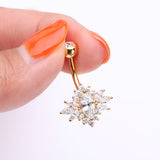 Detail View 3 of Golden Glistening Marquise Flower Sparkle Belly Button Ring-Clear Gem
