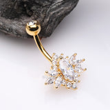 Detail View 2 of Golden Glistening Marquise Flower Sparkle Belly Button Ring-Clear Gem