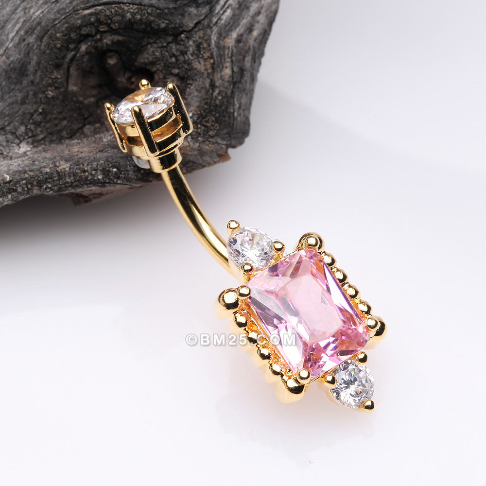 Detail View 2 of Golden Princess Sparkle Adornment Belly Button Ring-Clear Gem/Pink