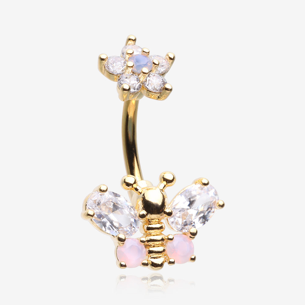Golden Spring Essence Butterfly Flower Sparkle Belly Button Ring-Clear Gem/Rose Quartz