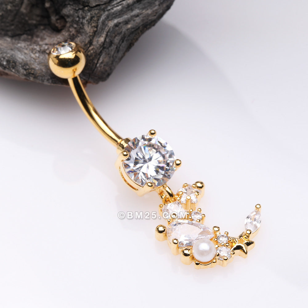 Detail View 2 of Golden Celestial Sparkle Crescent Moon Array Belly Button Ring-Clear Gem