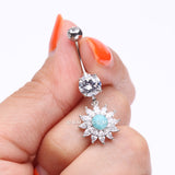 Detail View 3 of Marquise Sparkle Rays Turquoise Flower Belly Button Ring-Clear Gem/Turquoise