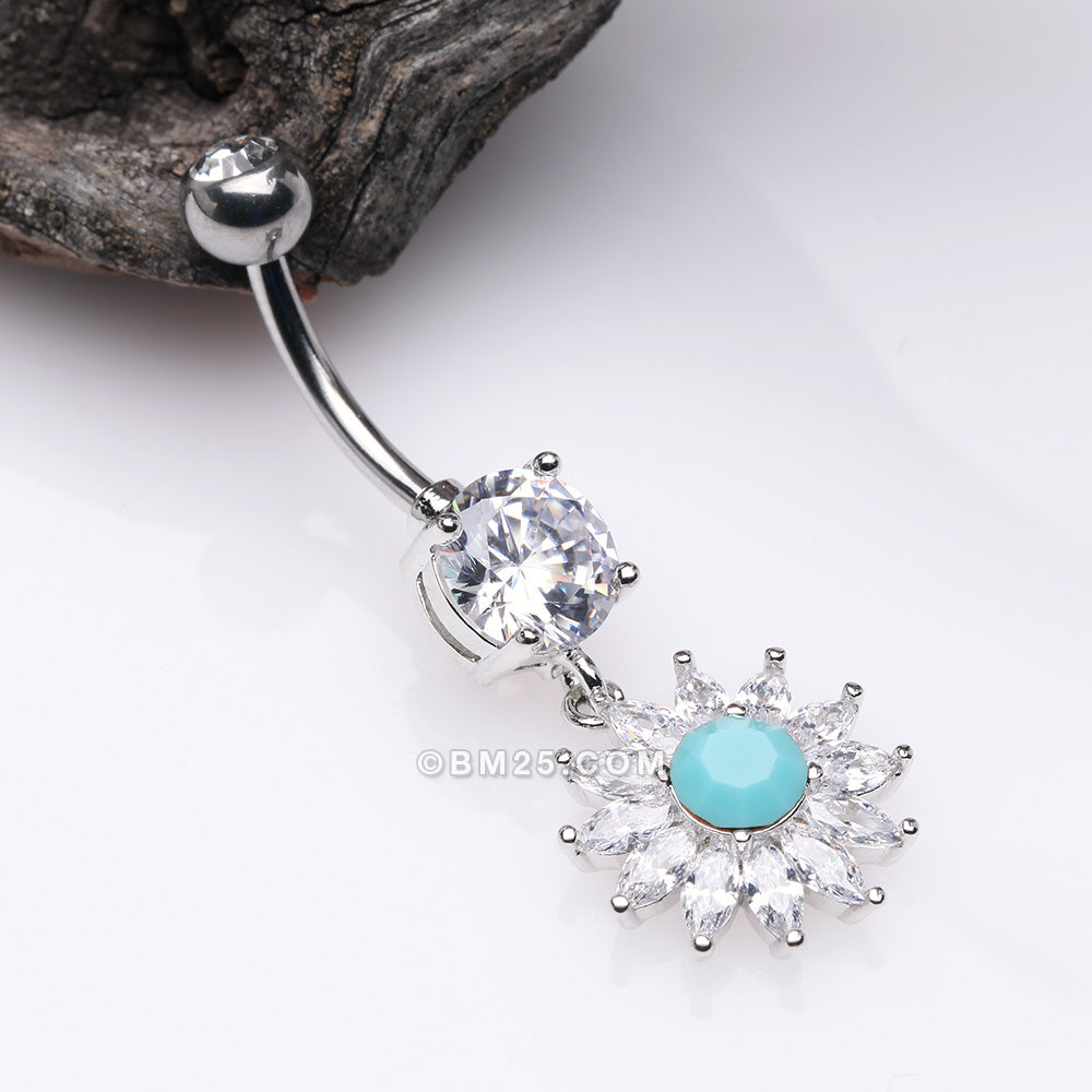 Detail View 2 of Marquise Sparkle Rays Turquoise Flower Belly Button Ring-Clear Gem/Turquoise