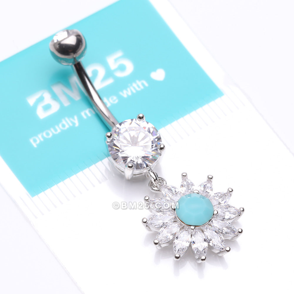 Detail View 4 of Marquise Sparkle Rays Turquoise Flower Belly Button Ring-Clear Gem/Turquoise