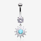 Marquise Sparkle Rays Turquoise Flower Belly Button Ring-Clear Gem/Turquoise