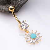 Detail View 2 of Golden Marquise Sparkle Rays Turquoise Flower Belly Button Ring-Clear Gem/Turquoise