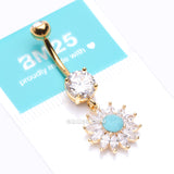 Detail View 4 of Golden Marquise Sparkle Rays Turquoise Flower Belly Button Ring-Clear Gem/Turquoise