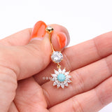 Detail View 3 of Golden Marquise Sparkle Rays Turquoise Flower Belly Button Ring-Clear Gem/Turquoise