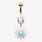 Golden Marquise Sparkle Rays Turquoise Flower Belly Button Ring-Clear Gem/Turquoise