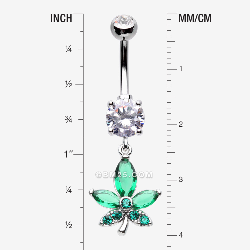 Detail View 1 of Sparkle Cannabis Leaf Belly Button Ring-Clear Gem/Green