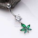 Detail View 2 of Sparkle Cannabis Leaf Belly Button Ring-Clear Gem/Green