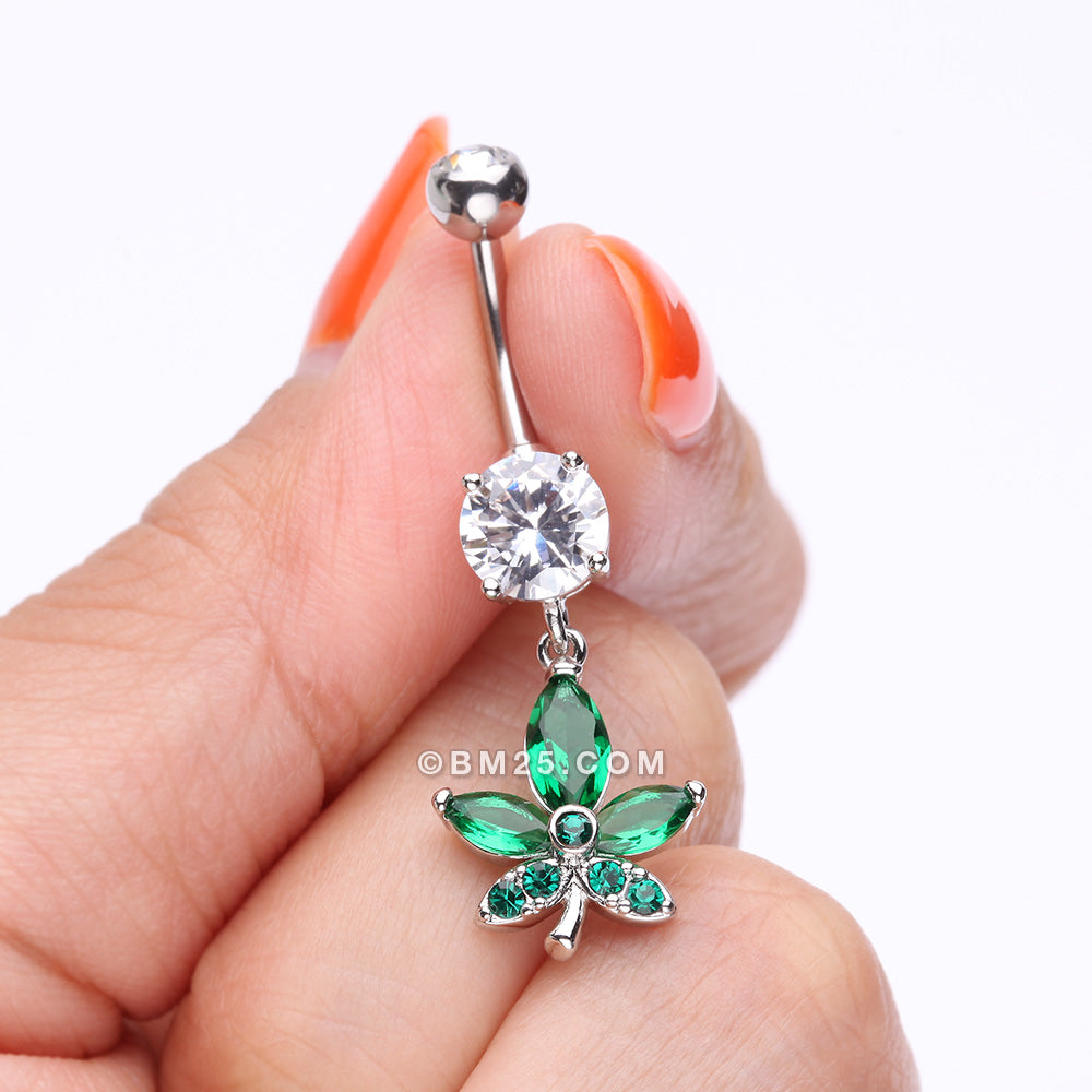 Detail View 3 of Sparkle Cannabis Leaf Belly Button Ring-Clear Gem/Green