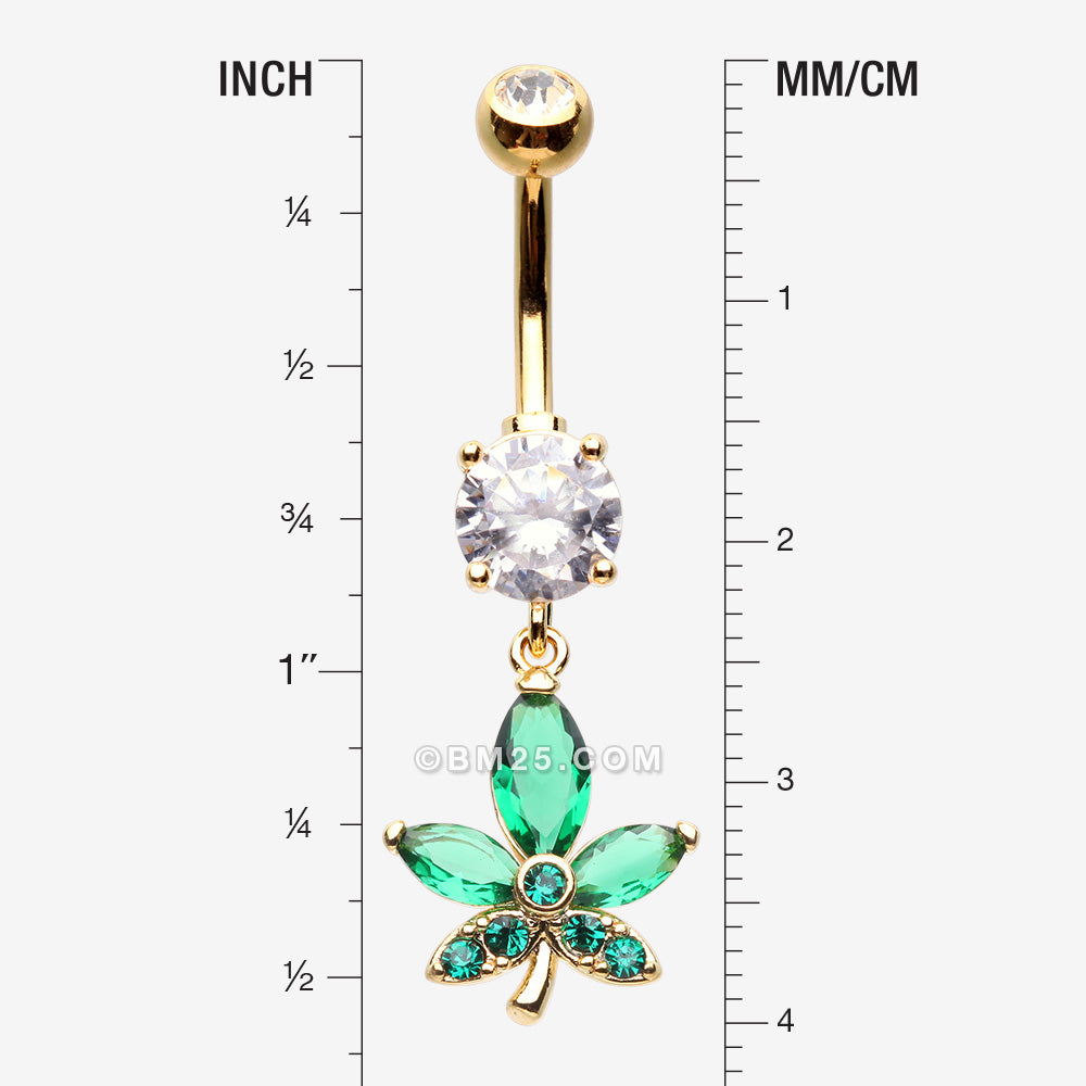 Detail View 1 of Golden Sparkle Cannabis Leaf Belly Button Ring-Clear Gem/Green