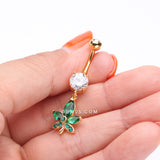 Detail View 3 of Golden Sparkle Cannabis Leaf Belly Button Ring-Clear Gem/Green