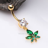 Detail View 2 of Golden Sparkle Cannabis Leaf Belly Button Ring-Clear Gem/Green