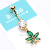 Detail View 4 of Golden Sparkle Cannabis Leaf Belly Button Ring-Clear Gem/Green