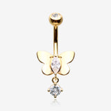 Golden Adorable Butterfly Sparkle Dangle Belly Button Ring