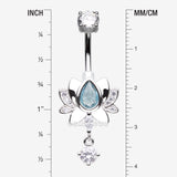 Detail View 1 of Glistening Lotus Sparkle Dangle Belly Button Ring-Clear Gem/Aqua