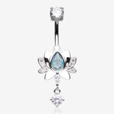 Glistening Lotus Sparkle Dangle Belly Button Ring-Clear Gem/Aqua