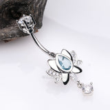 Detail View 2 of Glistening Lotus Sparkle Dangle Belly Button Ring-Clear Gem/Aqua