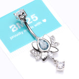 Detail View 4 of Glistening Lotus Sparkle Dangle Belly Button Ring-Clear Gem/Aqua
