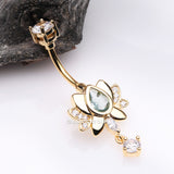Detail View 2 of Golden Glistening Lotus Sparkle Dangle Belly Button Ring-Clear Gem/Aqua