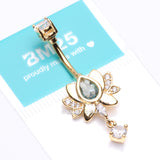 Detail View 4 of Golden Glistening Lotus Sparkle Dangle Belly Button Ring-Clear Gem/Aqua