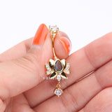 Detail View 3 of Golden Glistening Lotus Sparkle Dangle Belly Button Ring-Clear Gem/Aqua