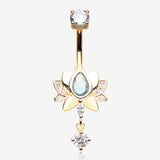 Golden Glistening Lotus Sparkle Dangle Belly Button Ring-Clear Gem/Aqua
