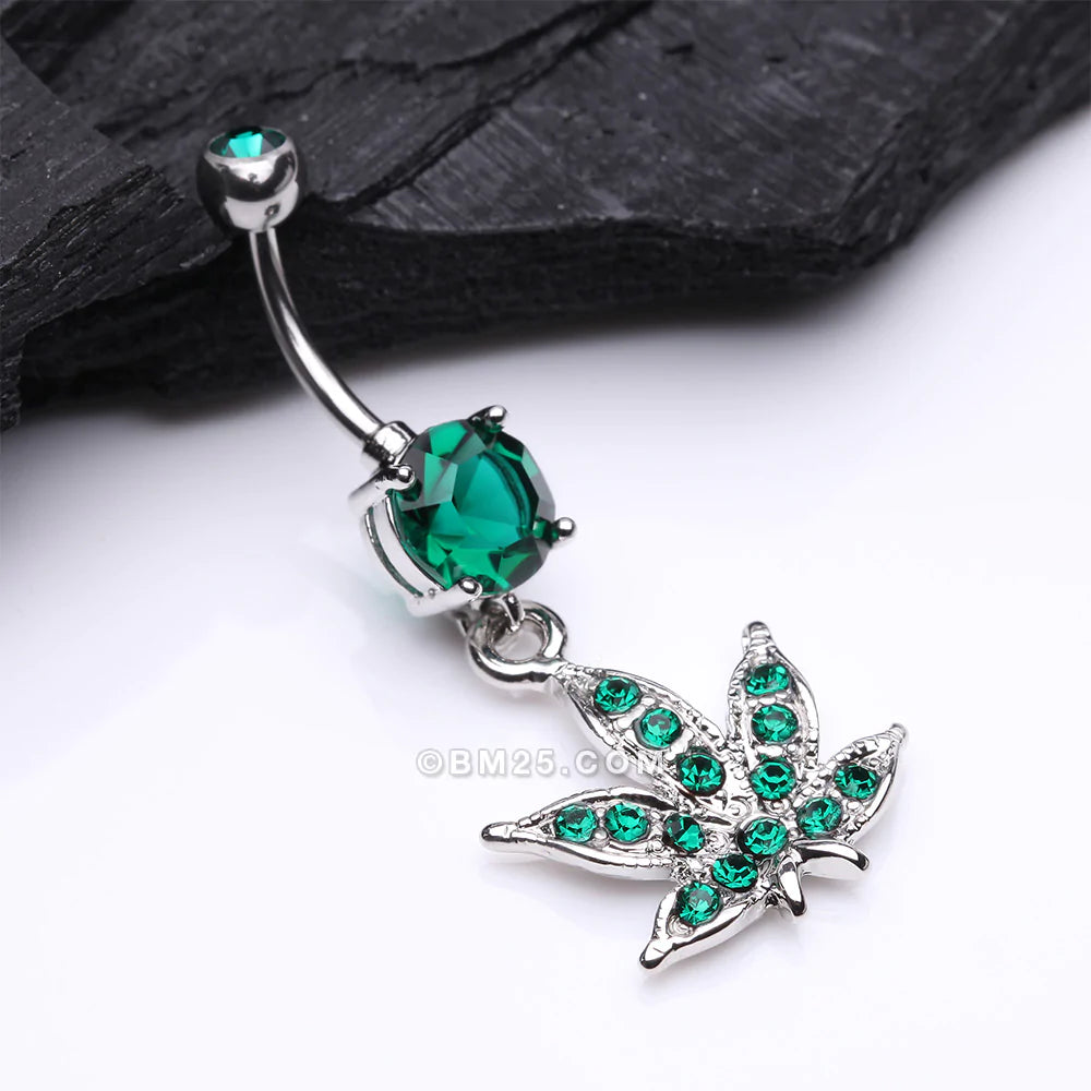 Detail View 2 of Marijuana Leaf Sparkle Belly Ring-Green