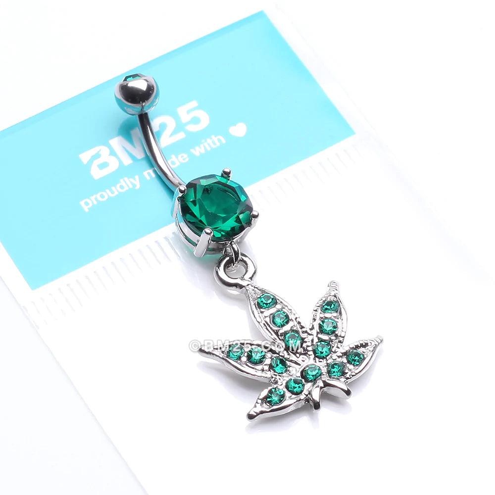 Detail View 4 of Marijuana Leaf Sparkle Belly Ring-Green