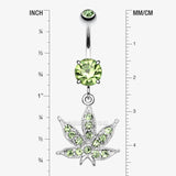 Detail View 1 of Marijuana Leaf Sparkle Belly Ring-Light Green